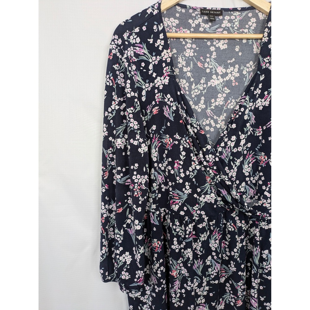 Lane Bryant Faux Wrap Floral Top Women 18/20 Navy Bishop Sleeve Stretch Blouse - Picture 4 of 14
